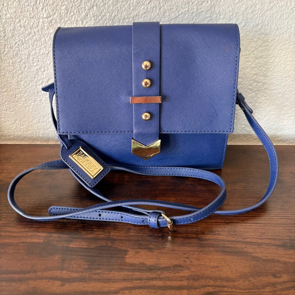 Badgley Mischka Blue Structured Crossbody‎ Chic Gold Hardware Evening Bag